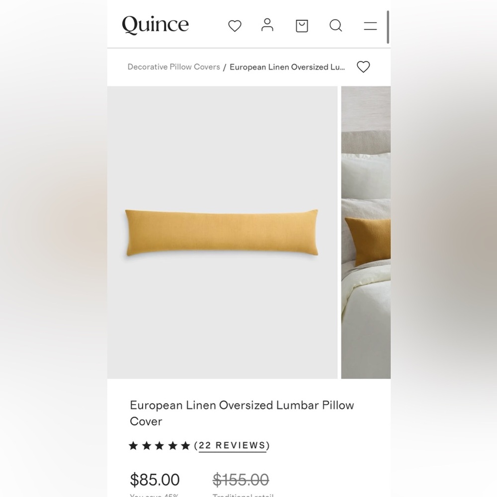 NWOT Quince European Linen Oversized Lumbar Pillow Cover in Golden Rod - Picture 4 of 5